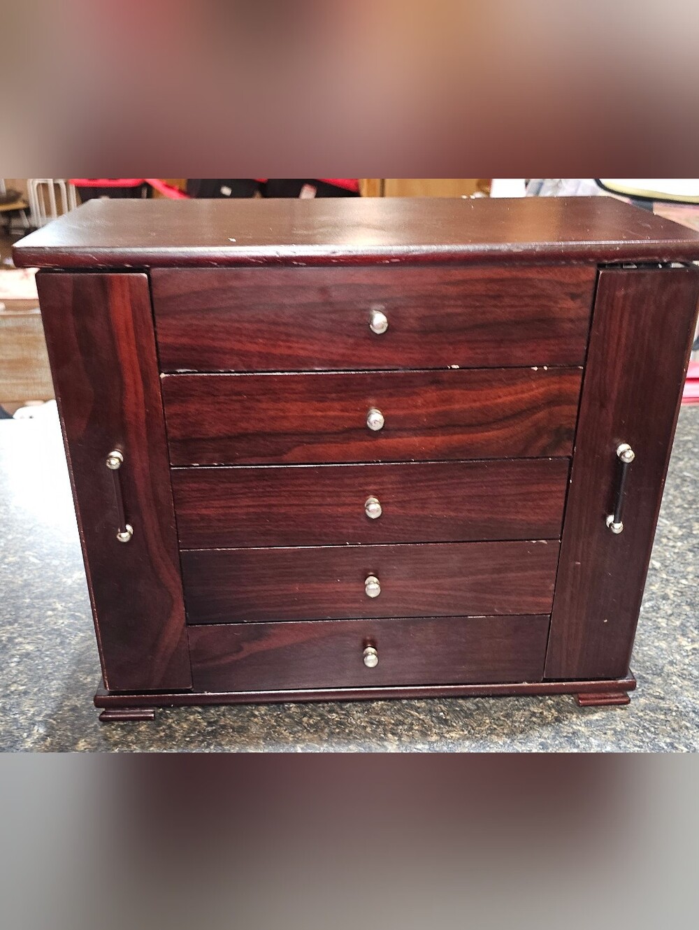 Antique Wood Jewelry Organizer Chest in Med Brown Finish